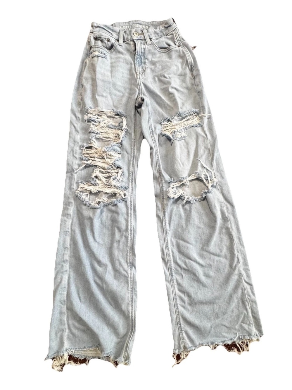 American Eagle Ripped Wide Leg Jeans Light Wash Distressed Size 000 High Rise